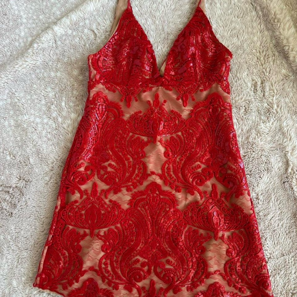 Free People Red Tan Slip Dress Plunge Neckline Cocktail